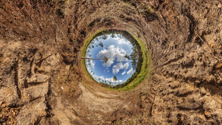 inverted image of a field, sky and trees creating a planetary vortex
